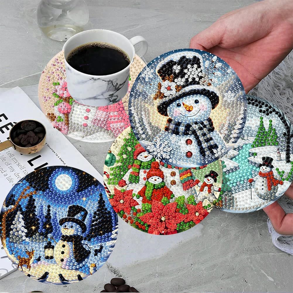 ijbnhd 8 PCS Christmas Diamond Art Coasters, Christmas Snowman Diamond Painting Coasters Kits with Holder DIY for Beginners Adults, Art Crafts Supplies 4x4 inch (Cork Wooden Pad)