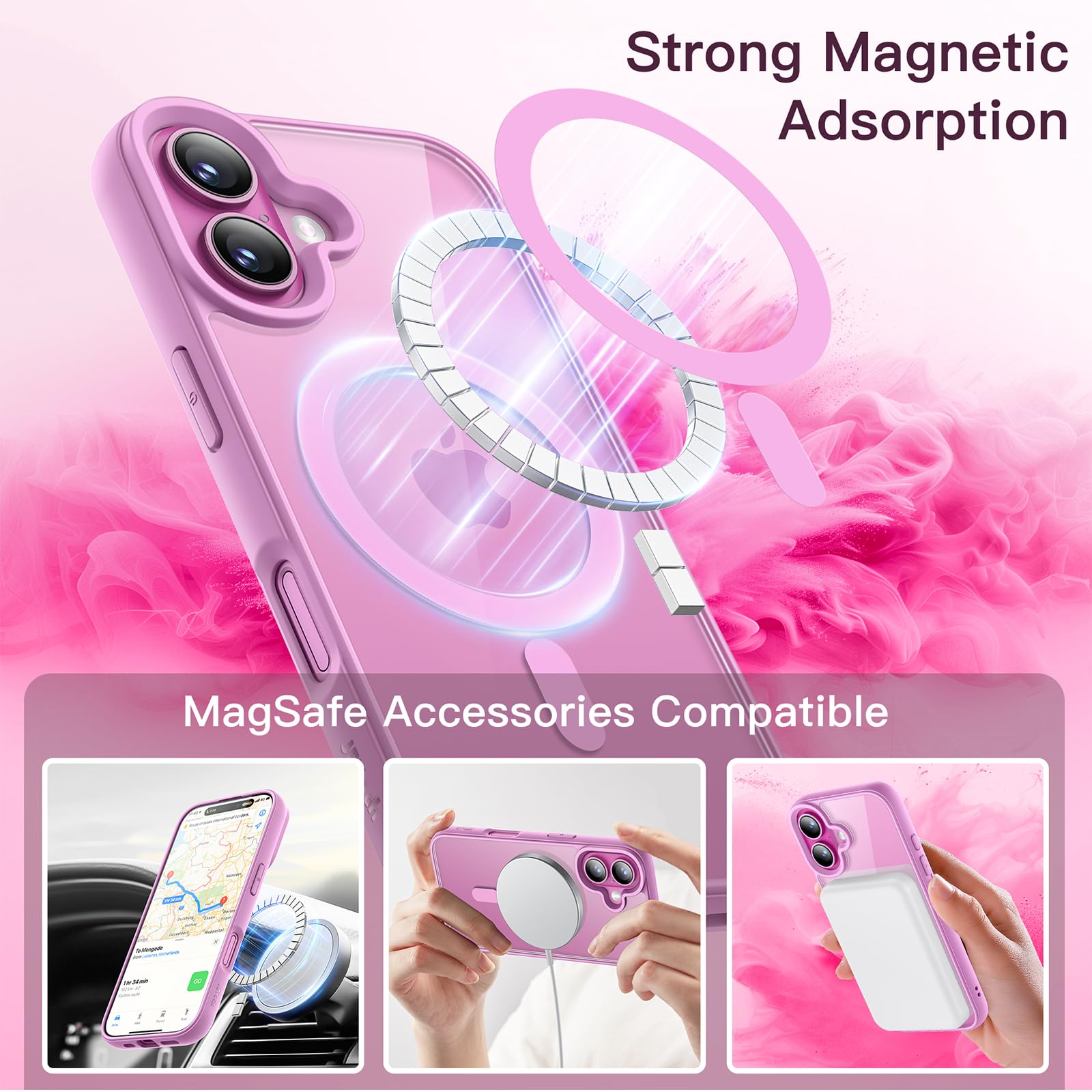 JETech Cover Magnetica per iPhone 16 6,1 Pollici Compatibile con MagSafe, Antiurto Paraurti Custodia, Solida Colore Opaco TPU Telaio, Anti-Graffio Retro Trasparente (Rosa)