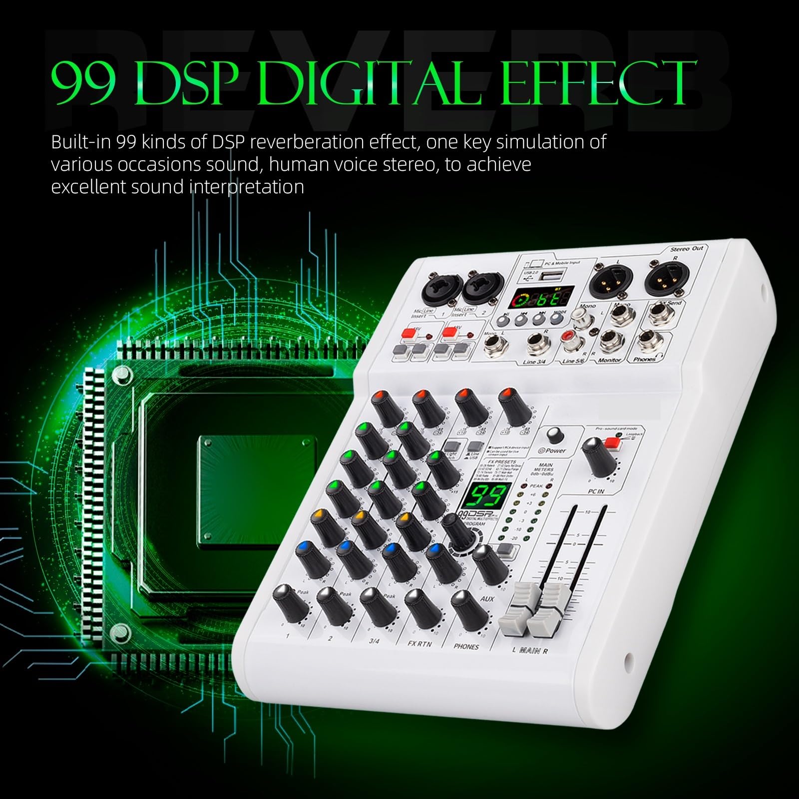 Controller DJ, Mixer, mixer DJ con 5.0 BT, riverbero digitale DSP 99, registrazione USB, qualità da studio 24 bit/192 kHz for studio, live