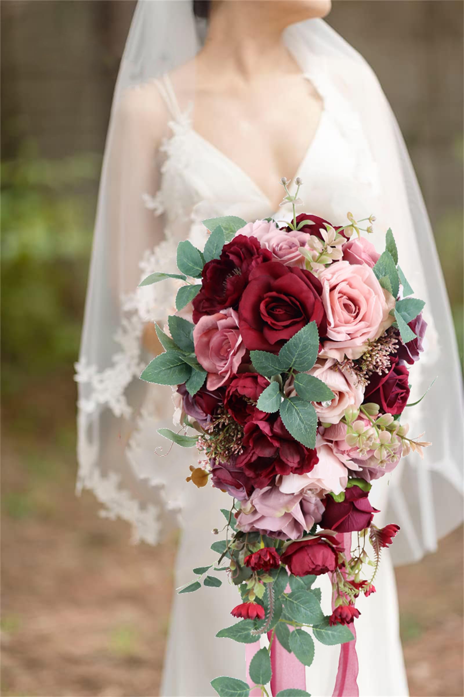 CVJdfhRE bridal bouquet， 9 Inch Red Rose Waterfall Bridal Bouquet, Artificial Peony Wedding Flowers Tossing Cascade Bouquets for Party