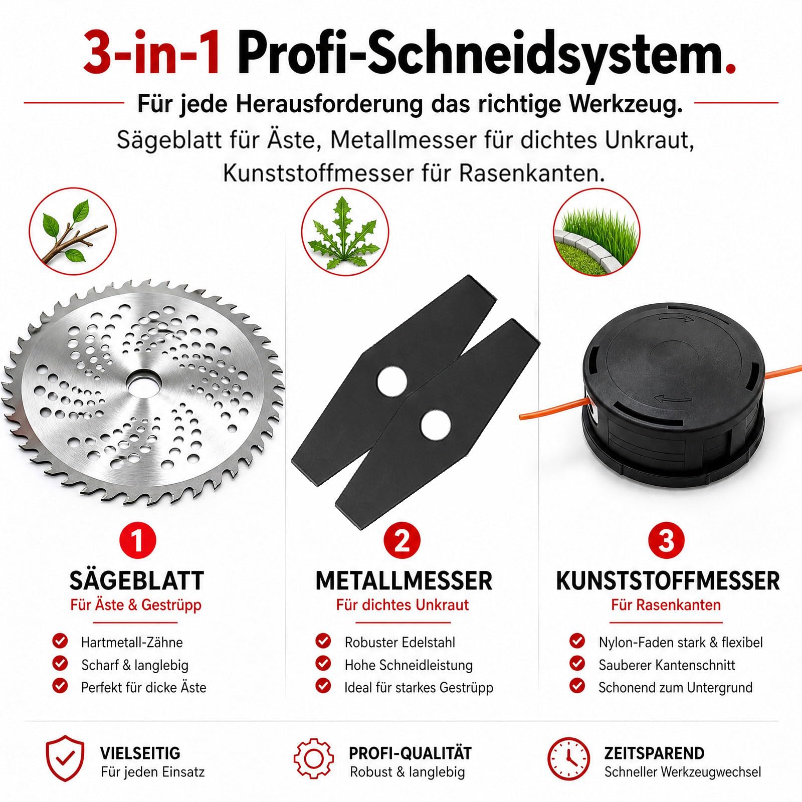 Rasentrimmer mit Akku, Akku Rasentrimmer 21V mit Unkrautbürste, 2X4.0Ah Akku Freischneider, Tap&Go M10, für Garden Trimmen (Rot)