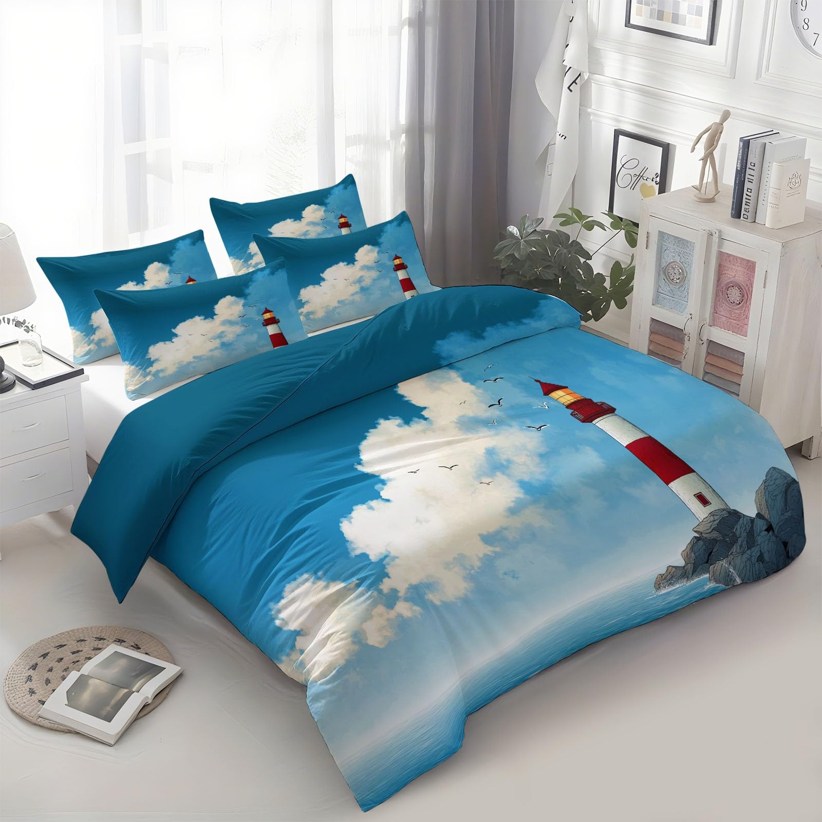 Azul Funda Nordica 240x260 cm Dibujos Animados Faro Mar Microfibra Cepillada con 2 Fundas de Almohada de 50x75 cm, Transpirable Suave Antialérgica Juego de Funda Edredón para Cama Doble