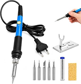 Soldering Iron 60 W Soldering Iron Set with 5 Interchangeable Tips Adjustable Electric Soldering Iron 200-450 °C with Stand Sponge and Solder for Electronics Repair PCB DIY