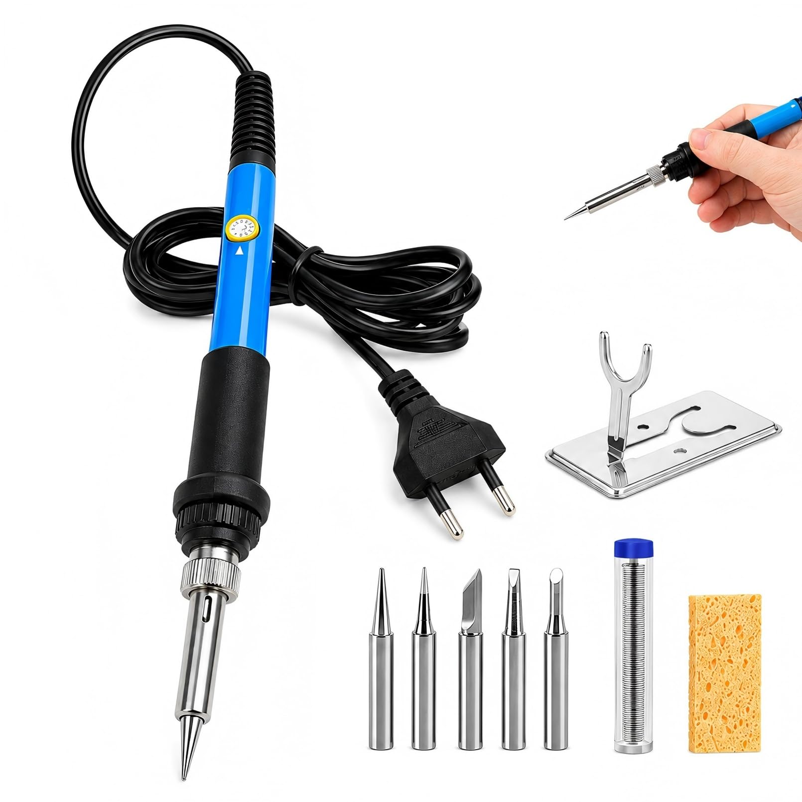Tin Soldering Iron 60W, Tin Soldering Kit 9 Pieces with 5 Interchangeable Tips, Adjustable Electric Tin 200-450°C, Stand, Desoldering Pump, Soldering Wire for Various Use and Repair