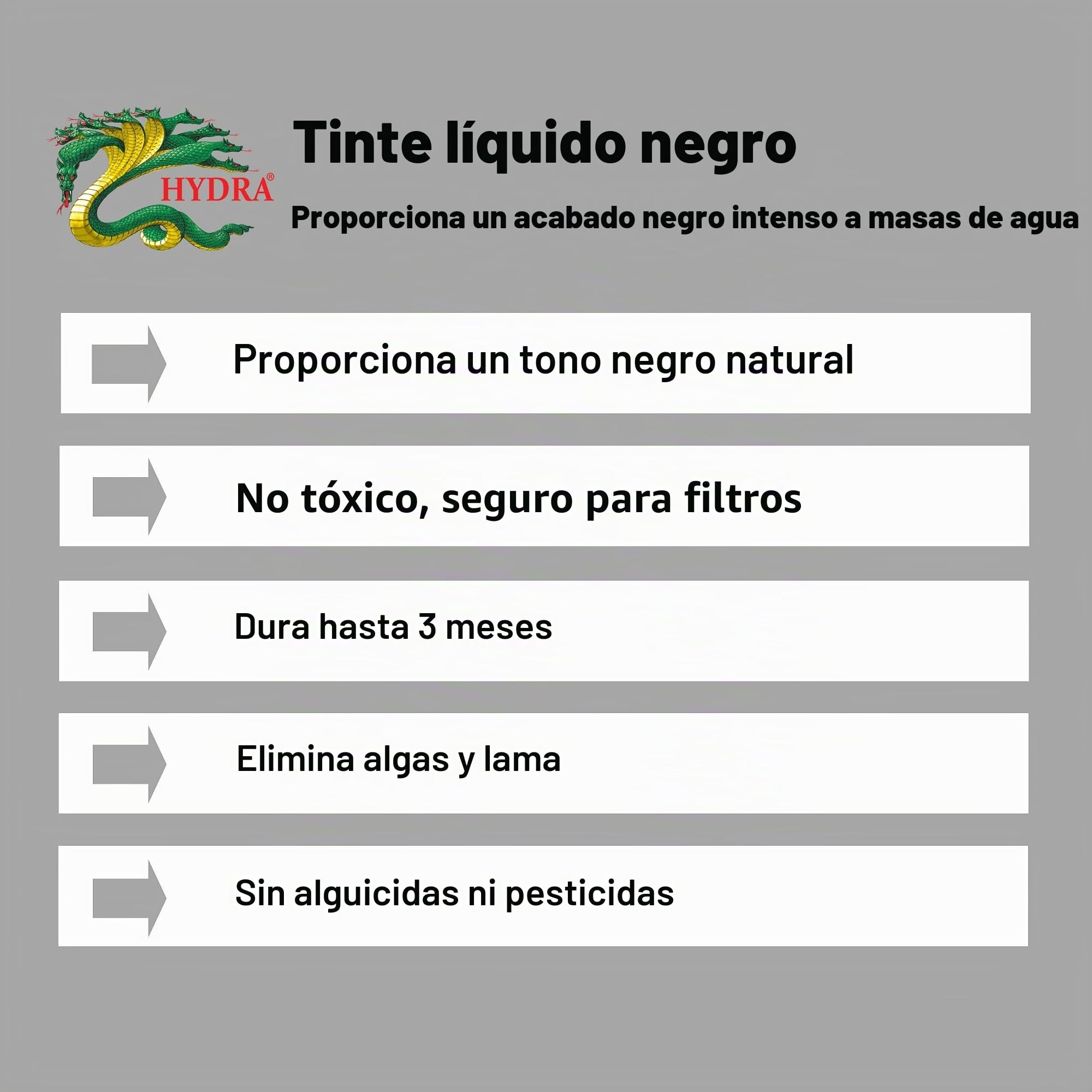 HYDRA Tinte Negro líquido de 250 ml Trata hasta 1063 litros para Fuentes de Agua (Interior y Exterior).