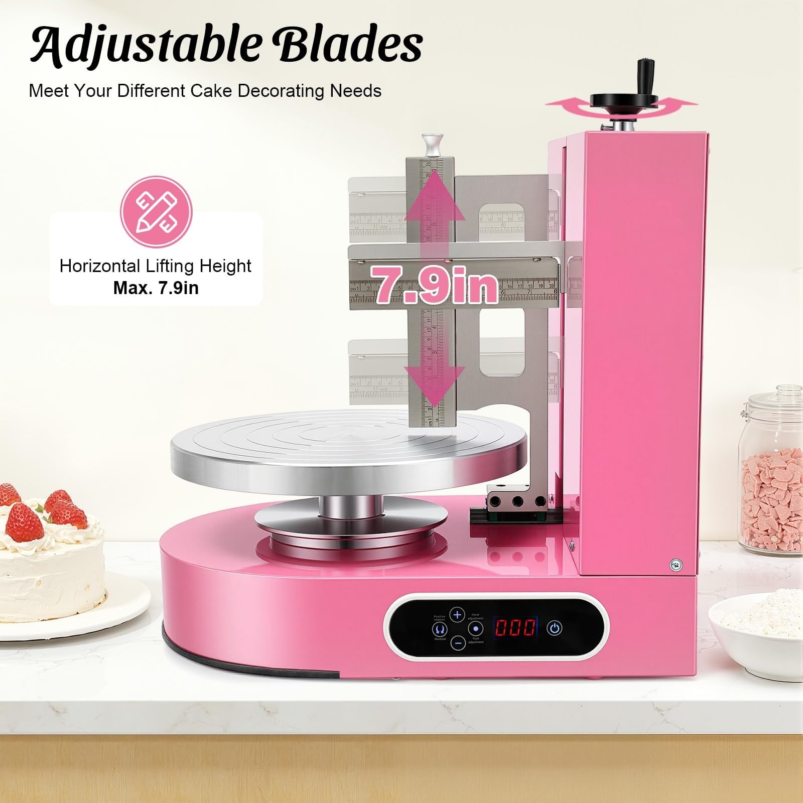 Plato Giratorio para Tartas Ajustable, Máquina Alisadora y Formación Hielo. Eléctrica para glaseado de pasteles, soporte giratorio pasteles lava, cumpleaños(Pink)