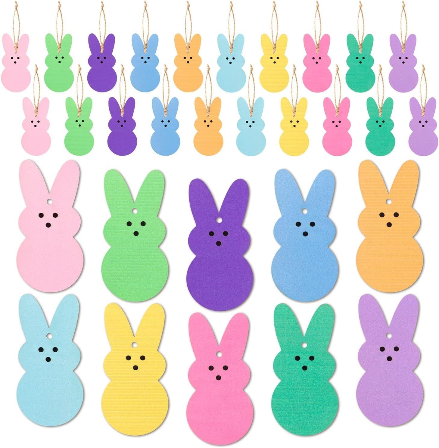 Easter Peeps Bunny Wooden Hanging Ornaments Kit, 31P Multi-Color Easter Spring Bunny Wooden Slices Ornaments Decorations with Hanging Rope for Spring Party Door Window Fireplace Tree Decoration