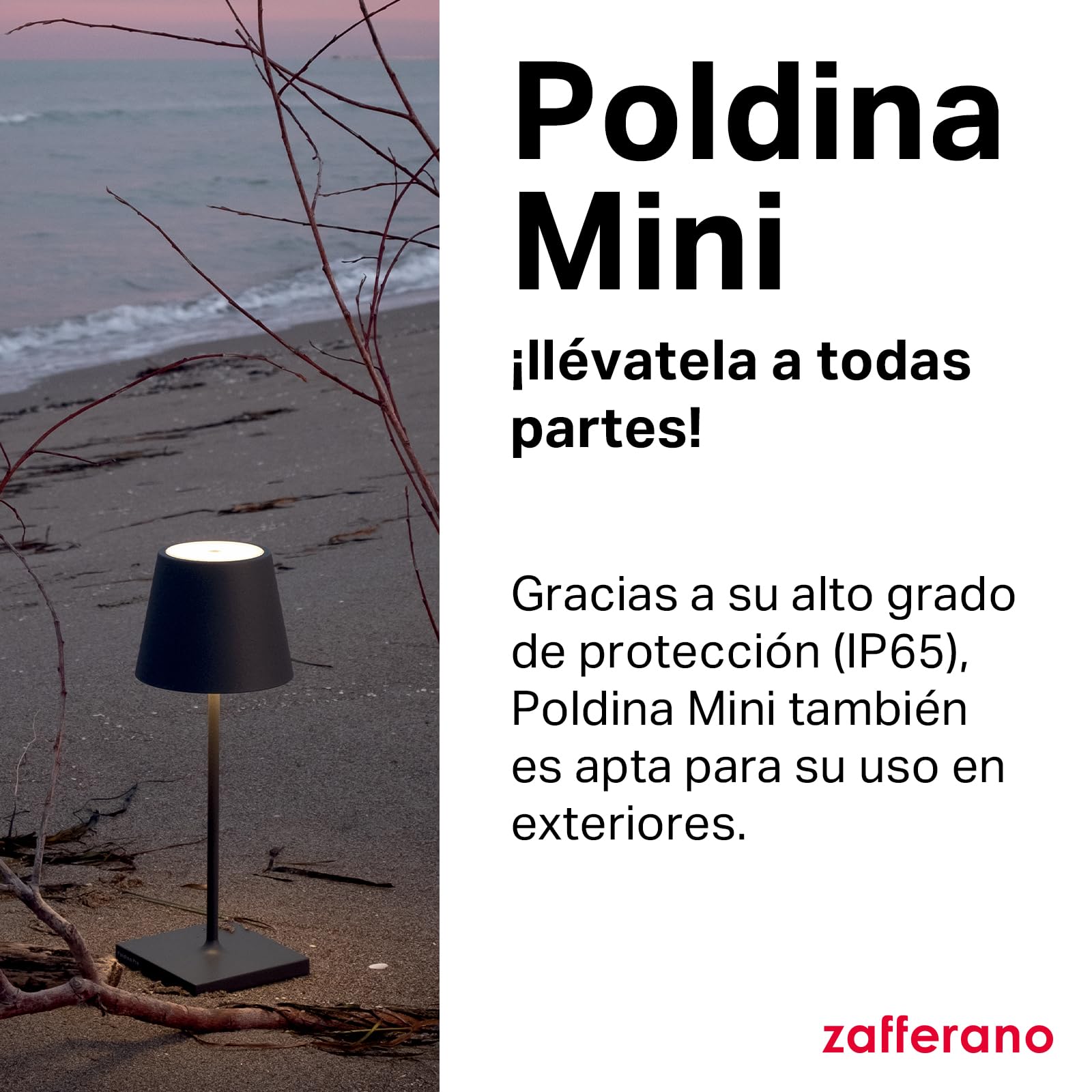 Zafferano, Poldina Pro Mini, Lámpara de Mesa Recargable e Inalámbrica con Control Táctil, También Adecuada como Lámpara de Exterior, Atenuador, 2200-3000 K, Altura 30 cm, Color Blanco