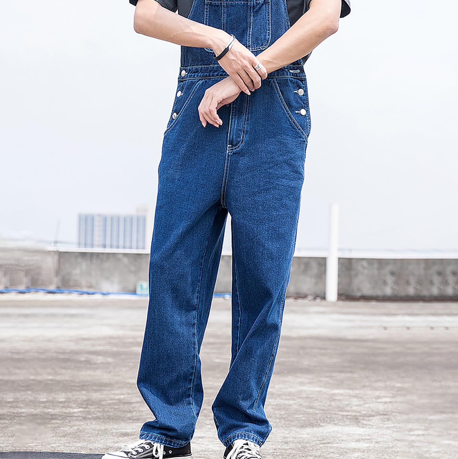 Generisch Salopette da uomo, jeans lunghi, da uomo, vestibilità regolare, in denim, grandi dimensioni, jeans elasticizzati, tinta unita, per il tempo libero, casual, semplice
