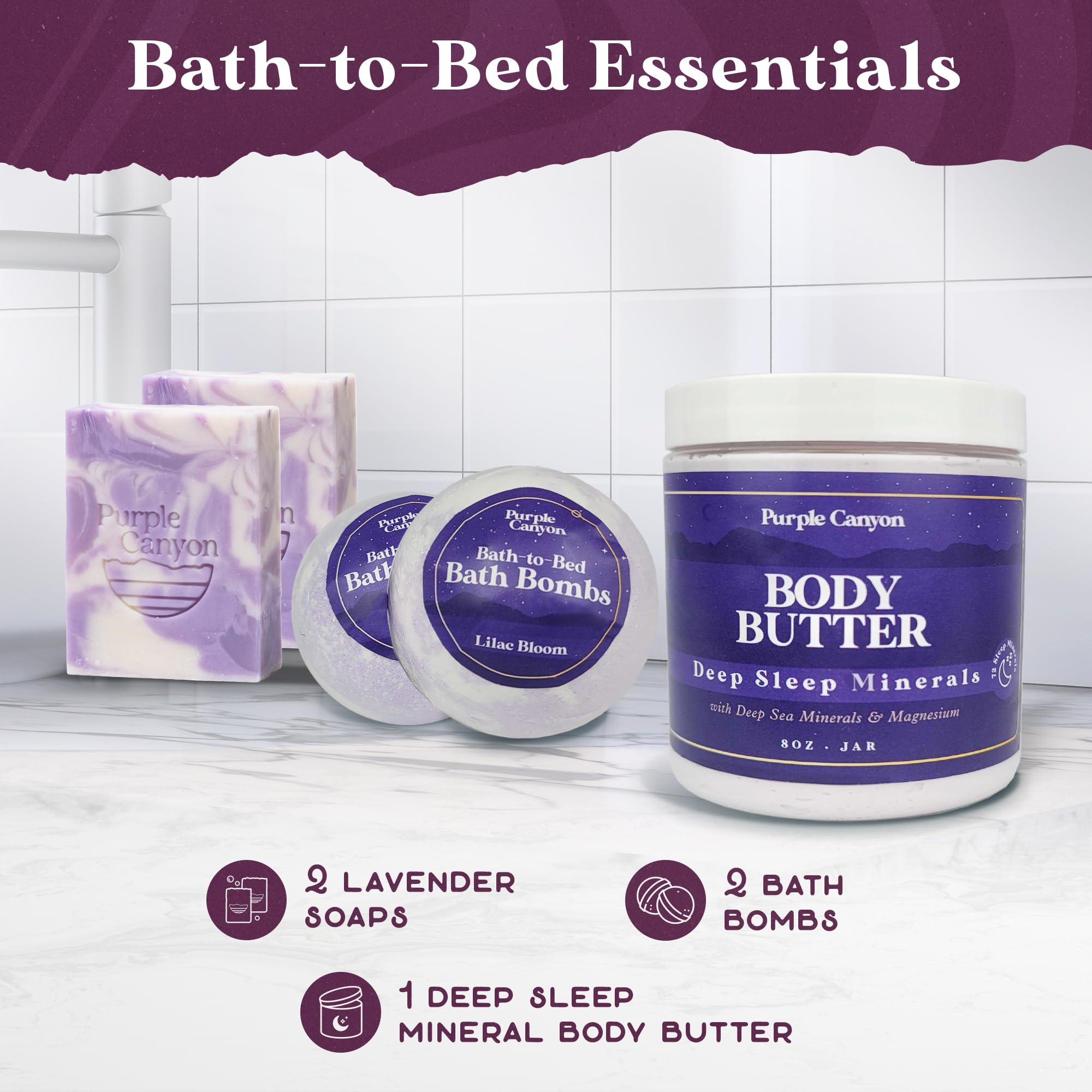 Purple Canyon 6 Piece Lavender Bath-to-Bed Gift Box | Bath Bombs, Soap, and Body Butter Infused with Magnesium and Deep Sea Minerals | Self-Care Products for Rest and Relaxation