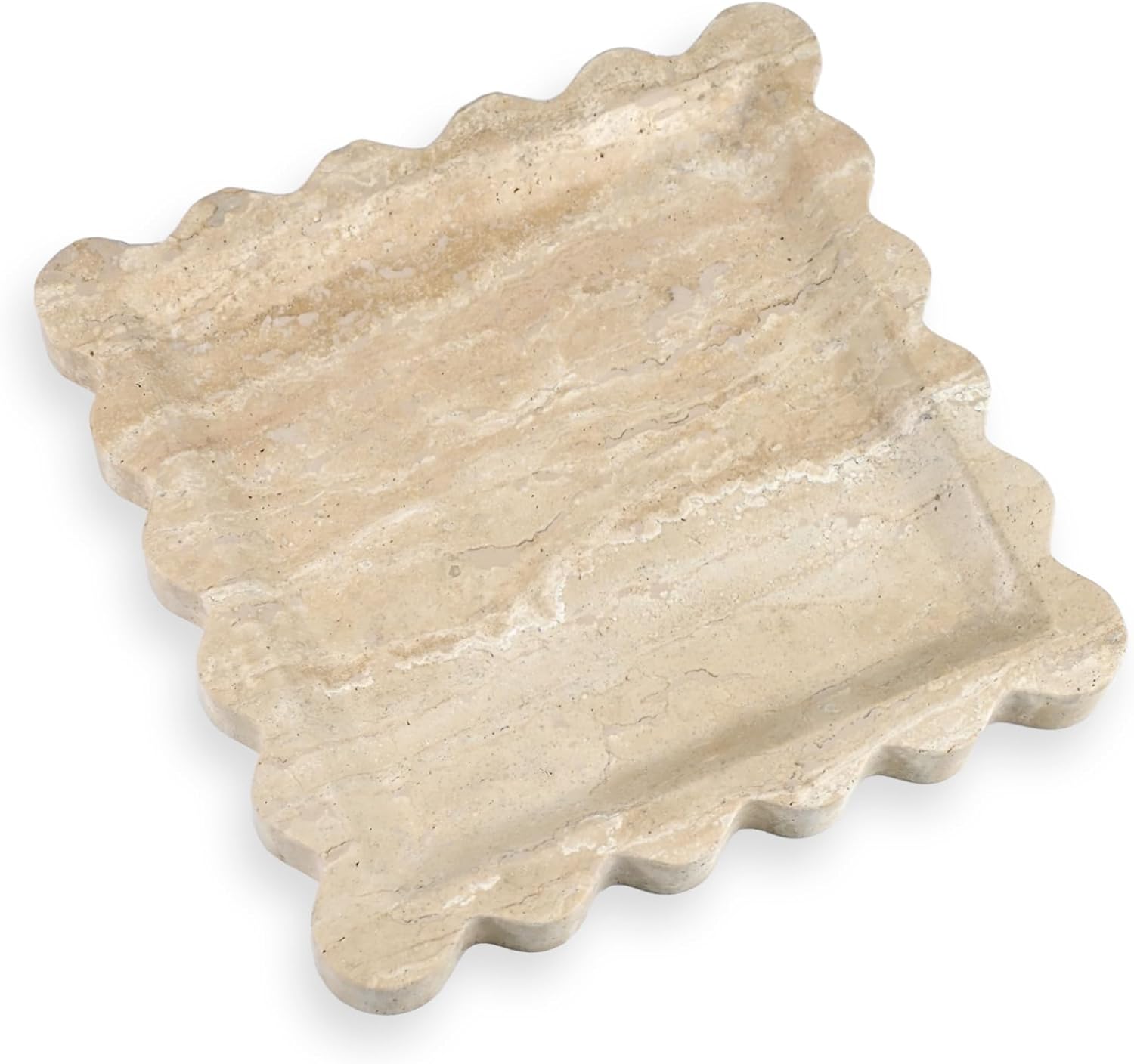 Elegant Square Marble Decorative Tray with Scalloped Edge Natural Stone Vanity Tray Organizer for Counter, Vanity, Dresser, Nightstand, Bathroom & Kitchen Sink(Beige Travertine)