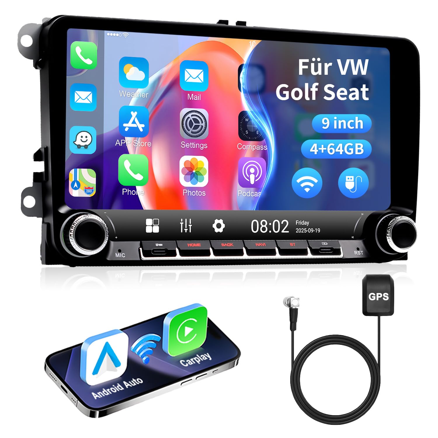 ESSGOO Android 14 Autoradio für VW Golf 5/6, T5, Passat, Polo, Touran, Tiguan, Caddy, Seat – 9" Touchscreen mit Wireless CarPlay/Android Auto, Plug & Play, 4+64GB, GPS Navi, Bluetooth