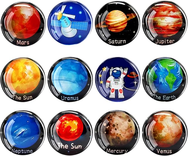 Fridge Magnets Planets, Yeelua 12Pcs 3D Glass Whiteboard Magnets for Kids, Beautiful Planetary Colorful Decorative Whiteboard Refrigerator Magnets for Kitchen, Magnetic Board, Classroom, Office