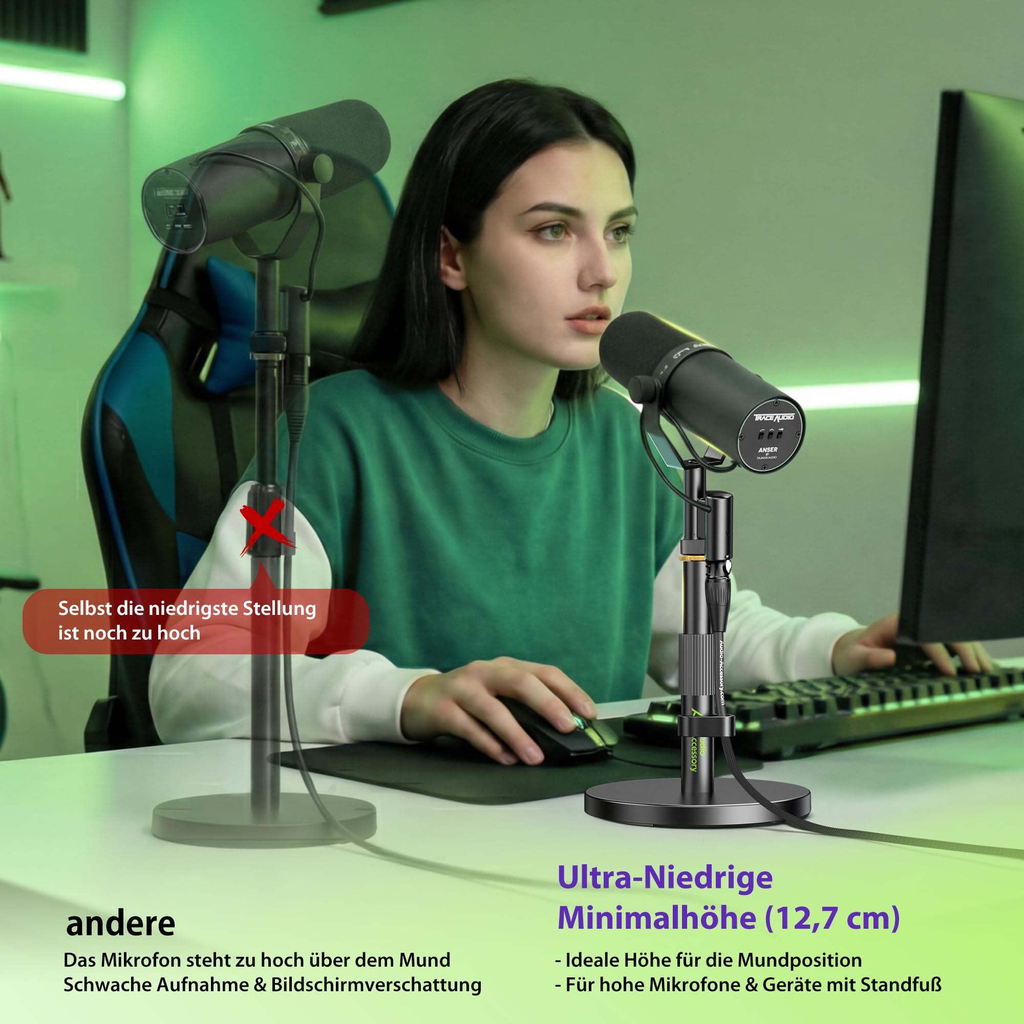 AA AUDIO ACCESSORY Mikrofonständer Tisch, Ultra-Niedrige 12,7cm Höhenverstellbar, 3kg Tragfähigkeit, Vollmetall Mikrofon Tischstativ für Shure SM7B SM7dB MV7+, Fifine, Blue Yeti Snowball, Rode PodMic