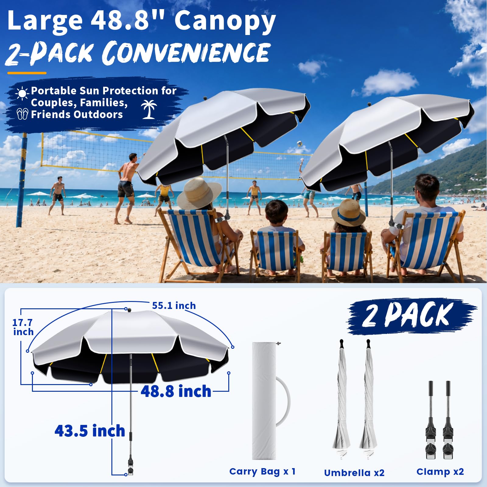 Sonnenschirm mit Klemme, LSF 50+, 360° drehbar, tragbar, zum Anklippen, Sonnenschirm für Strandkorb, Camping, Golf, Kinderwagen, Rollstuhl, freihändiger Schatten, 10–15 % zusätzlicher Schatten mit