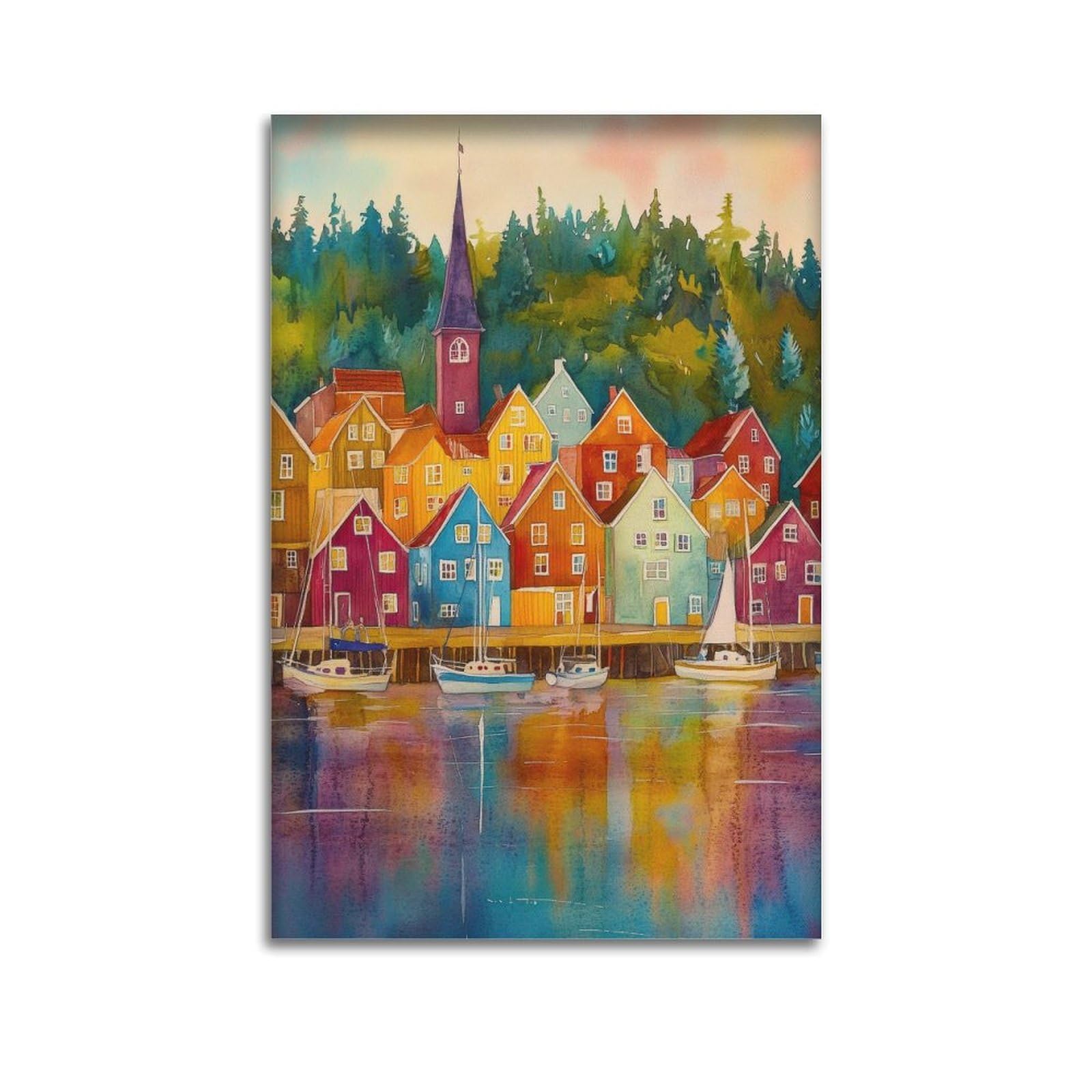 xiaoxiaoshen Bergen Travel Norway Scandinavian City Bryggen Harbour 0 Canvas Poster Wall Art Prints Room Aesthetic Murals Bedroom And Living Decorations 12x18inch(30x45cm)