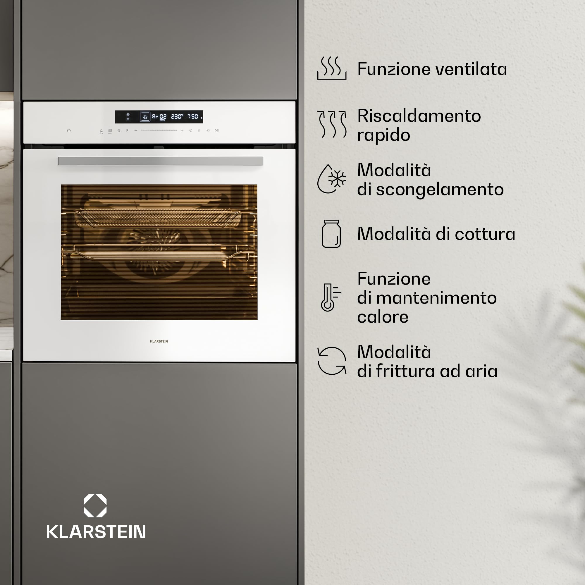 Klarstein Airjet Forno da Incasso 72L - Forno Elettrico Ventilato con Airfryer, 13 Funzioni, Touch, Classe A++, Pulizia Facile, Blocco Bambini, Sonda Temperatura, 60 cm, Bianco