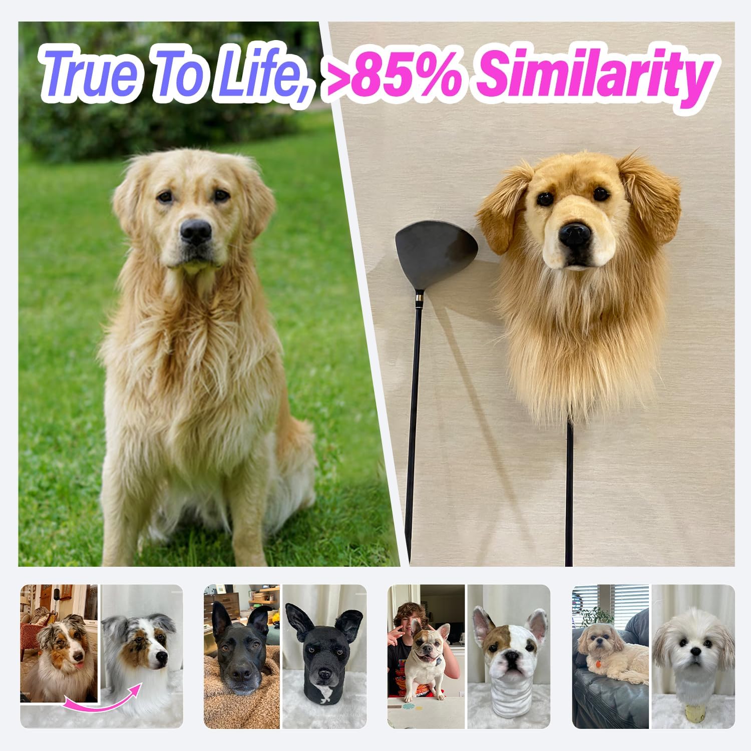 Customize Golf Club Headcover with Lifelike Dog Head, Personalized Dog Replica Golf Club Driver Cover, 3D Dog Head Golf Club Head Covers for 3-Wood, 5-Wood