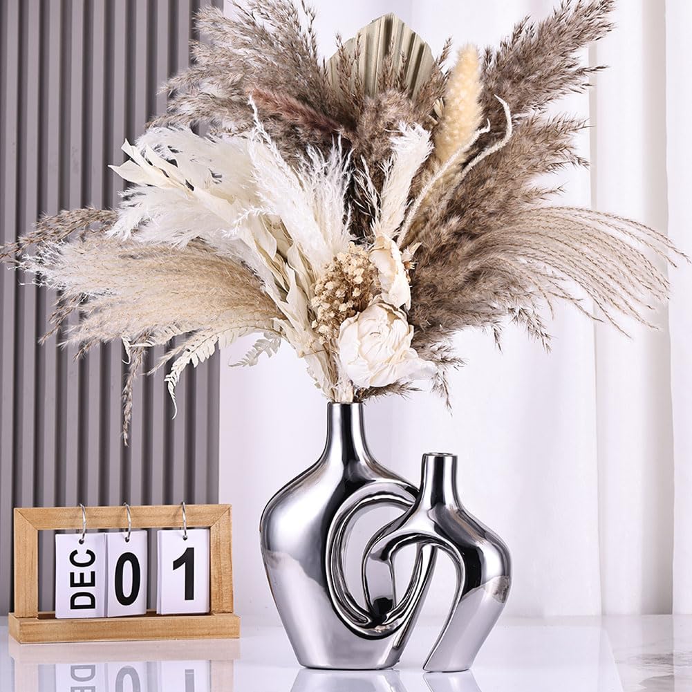 Juego de 2 jarrones de cerámica Huecos Plateados, jarrones Modernos de Estilo Bohemio nórdico para decoración de Bodas, Sala de Estar, Oficina, Entrada, centros de Mesa de Comedor