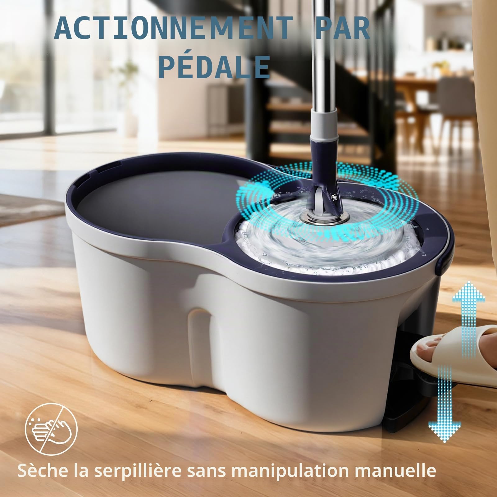 Masthome Serpillière Seau Essoreur, Balai à Frange et Seau à Pédale, Balai Serpillère Rotatif Envoyer 3 Tampons,Serpillère en Microfibre pour Nettoyage sols, Gris