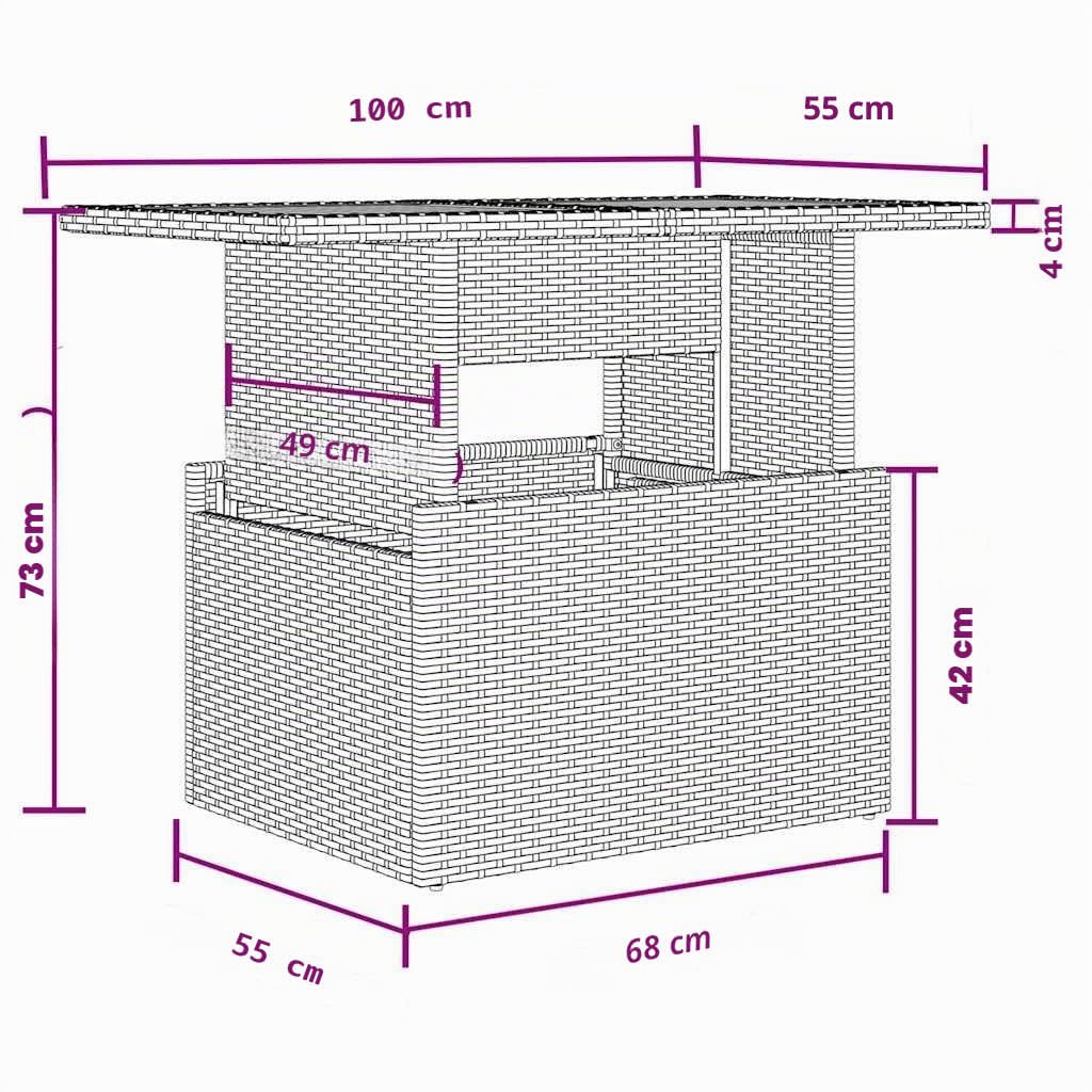 vidaXL Table de Jardin Dessus en Verre Gris 100x55x73cm résine tressée, Table d'extérieur, Table, Table à Manger d'extérieur, Table de Patio