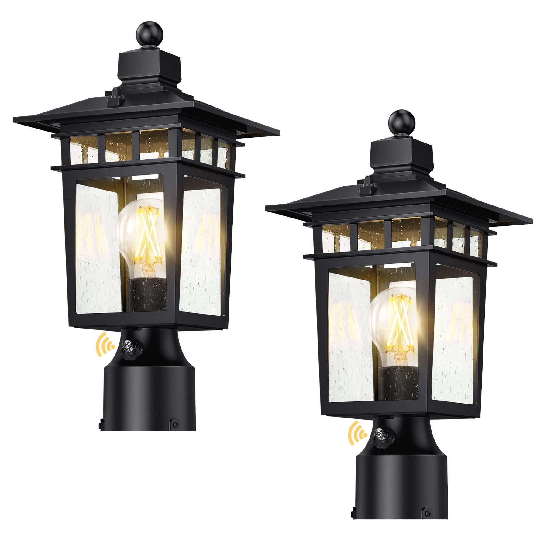 Photo 1 of APOTO Dusk to Dawn Outdoor Post Lights, Waterproof Lamp Post Light Fixture, Aluminum Lamp Posts Outdoor Lighting Pole Lantern for Outside Yard Patio Pathway Garden Deck, Hard Wired (2 Pack, Black)