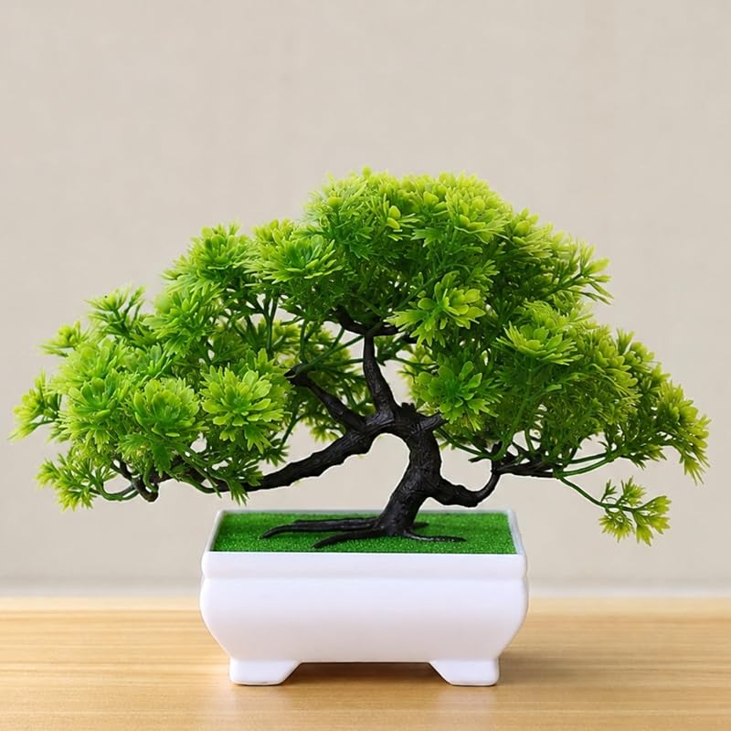 Bonsai Artificial Realista Tipo Pinho com Vaso Branco I Planta Decorativa de Plástico com Aparência Natural I para Mesa, Sala, Escritório e Prateleira I Pequena 20x15 cm I Vende Mais