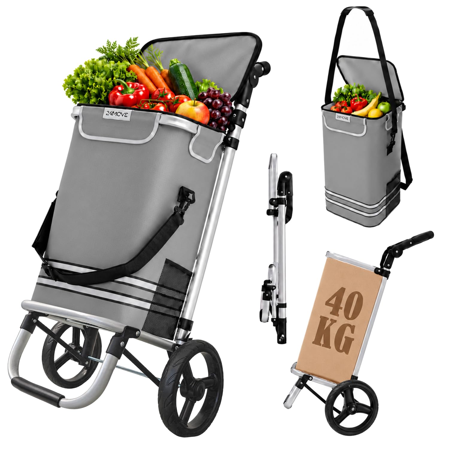24MOVE® Einkaufstrolley Vehlo klappbar mit 55L inkl. Kühlfach, Faltbarer 3in1 Trolley - Sackkarre und Tasche, bis 40kg belastbar, grau