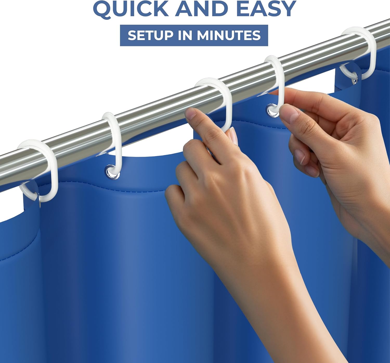 Hutch & Harbor Scalloped Shower Curtain Set, Water-Resistant Fabric Bath Curtain with Mat and Hooks, Modern Bathroom Decor, 72 x 72 Inch (Blue with White Trim)