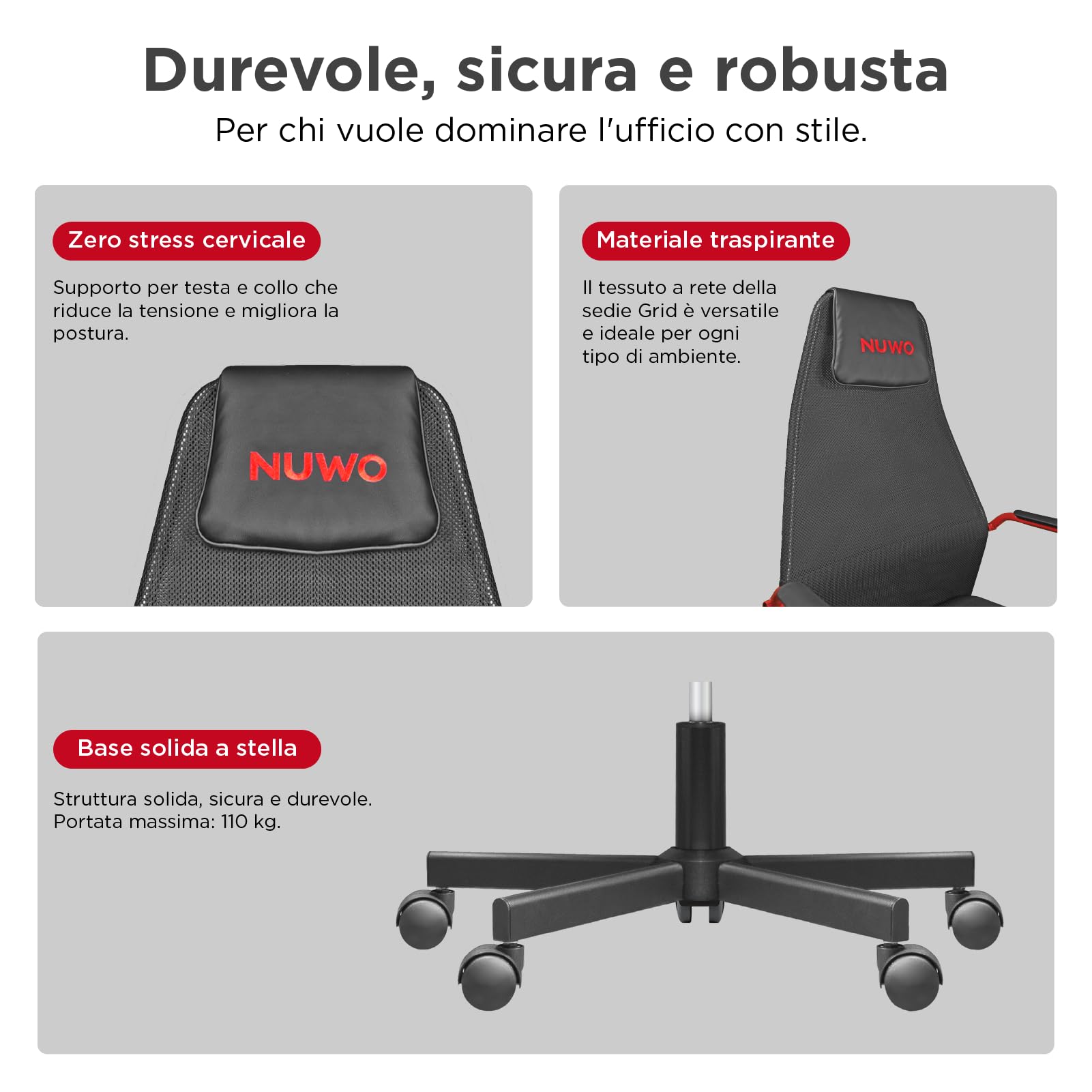 Nuwo Grid Sedia da Gaming, Girevole, Regolabile in Altezza, Sedia da Scrivania e Ufficio Ergonomica, Seduta e Schienale Traspirante, Portata 110 Kg, Rosso