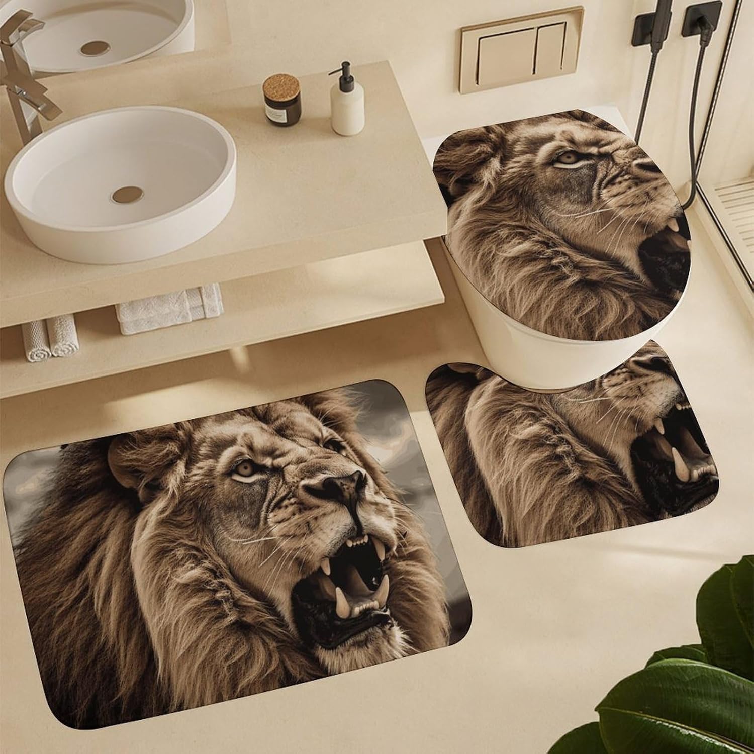 Angry Lion Shower Curtains Set 4 Piece with Non-Slip Rugs, Toilet Lid Cover and Bath Mat Soft Bathroom Carpet Waterproof Bathroom Curtain with 12 Hooks for Bathroom Decor
