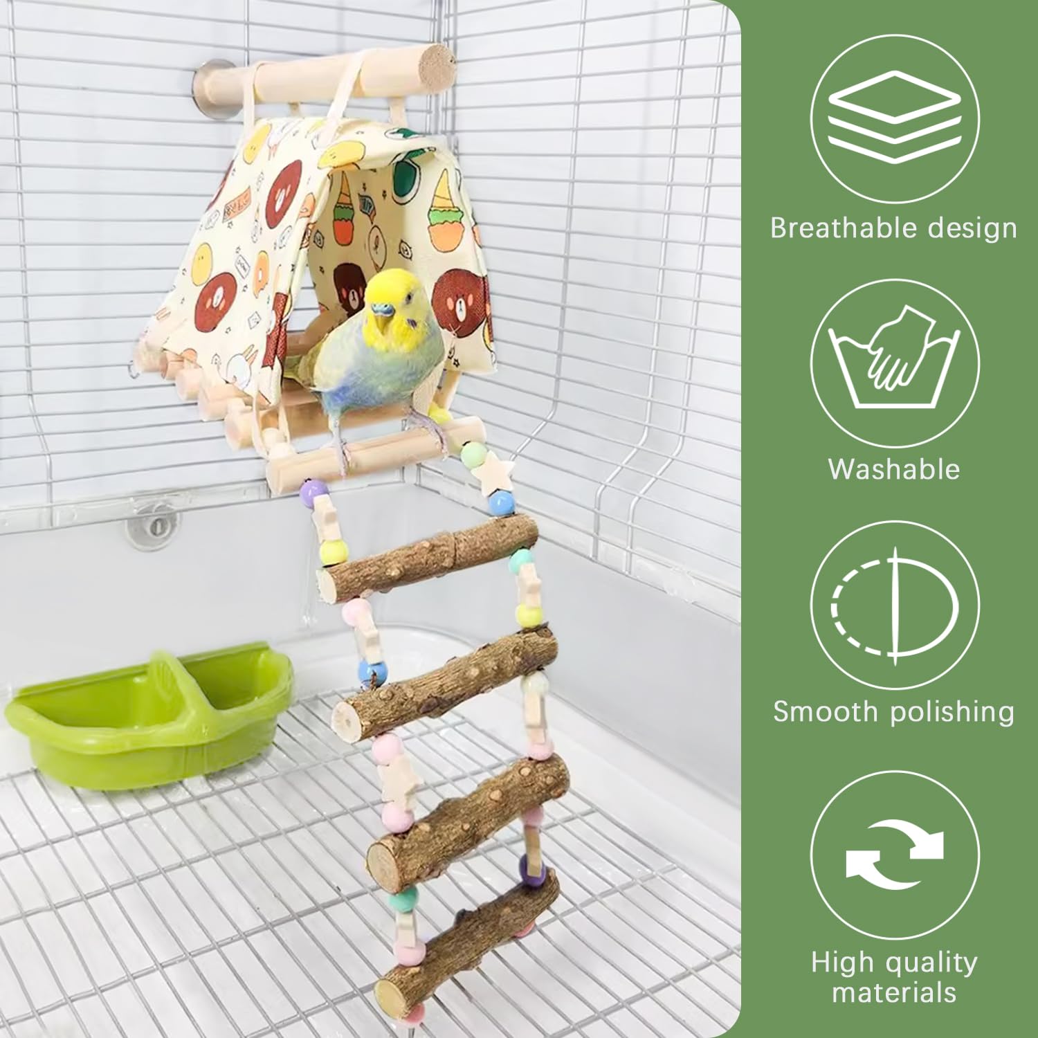 La La Pet® Hanging Bird Hammock with Wooden Ladder Parrot Bed Hammock Bird Cage Hammock Swing Parrot Sleep Tent Bird Nest House for Bird Cage Decor
