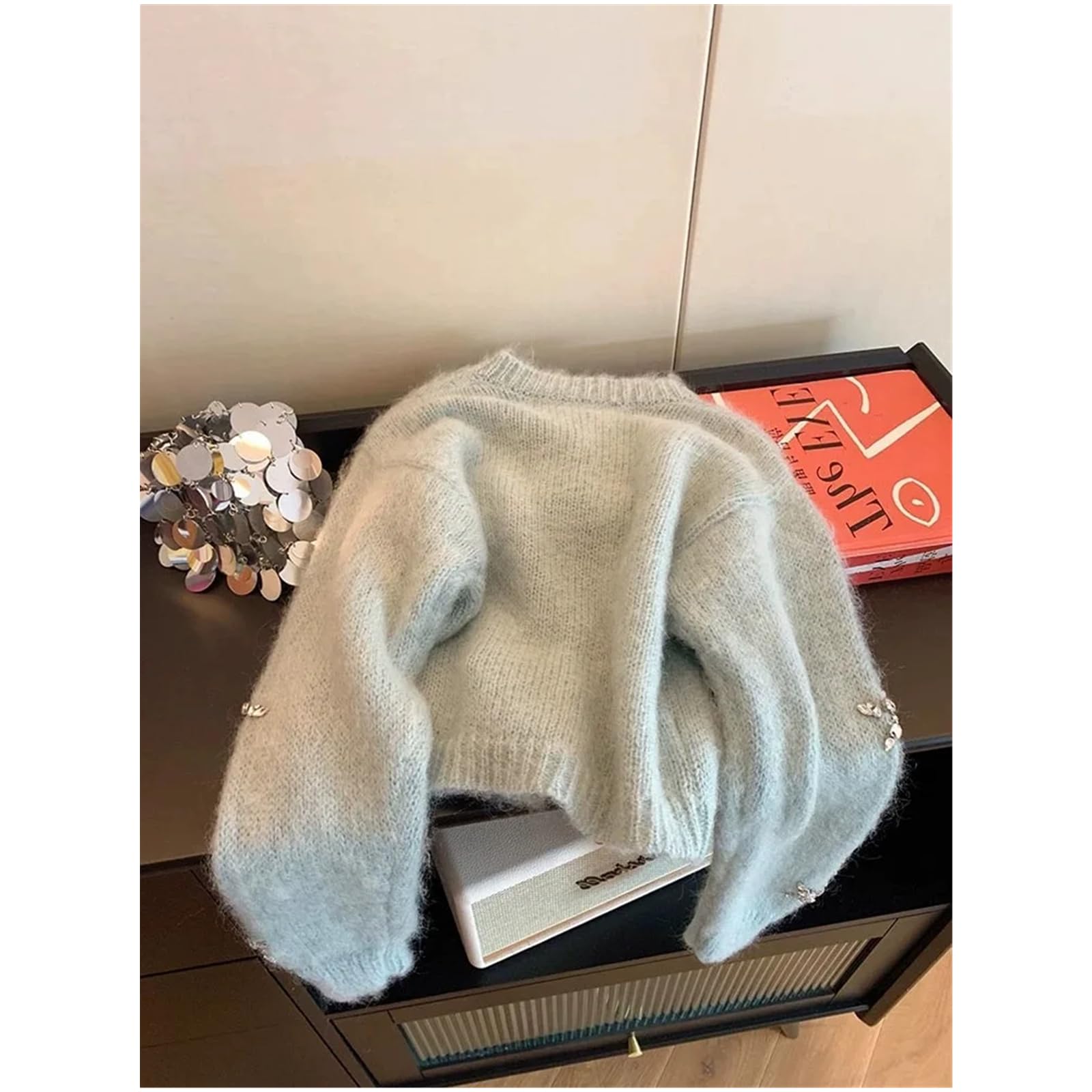 Sweter dla kobiet niebieski dzianinowy kardigan damski jesienny okrągły dekolt z długim rękawem delikatny miękki krótki sweter kurtka Mujer