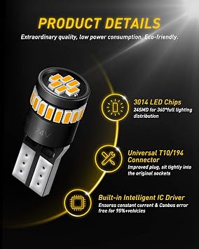 AUXITO 194 LED Bulb Amber Yellow 168 2825 W5W T10 Wedge 24-SMD 3014 Chipsets Replacement Bulbs for Car Dome Map License Plate Courtesy Step Lights (Pack of 2)