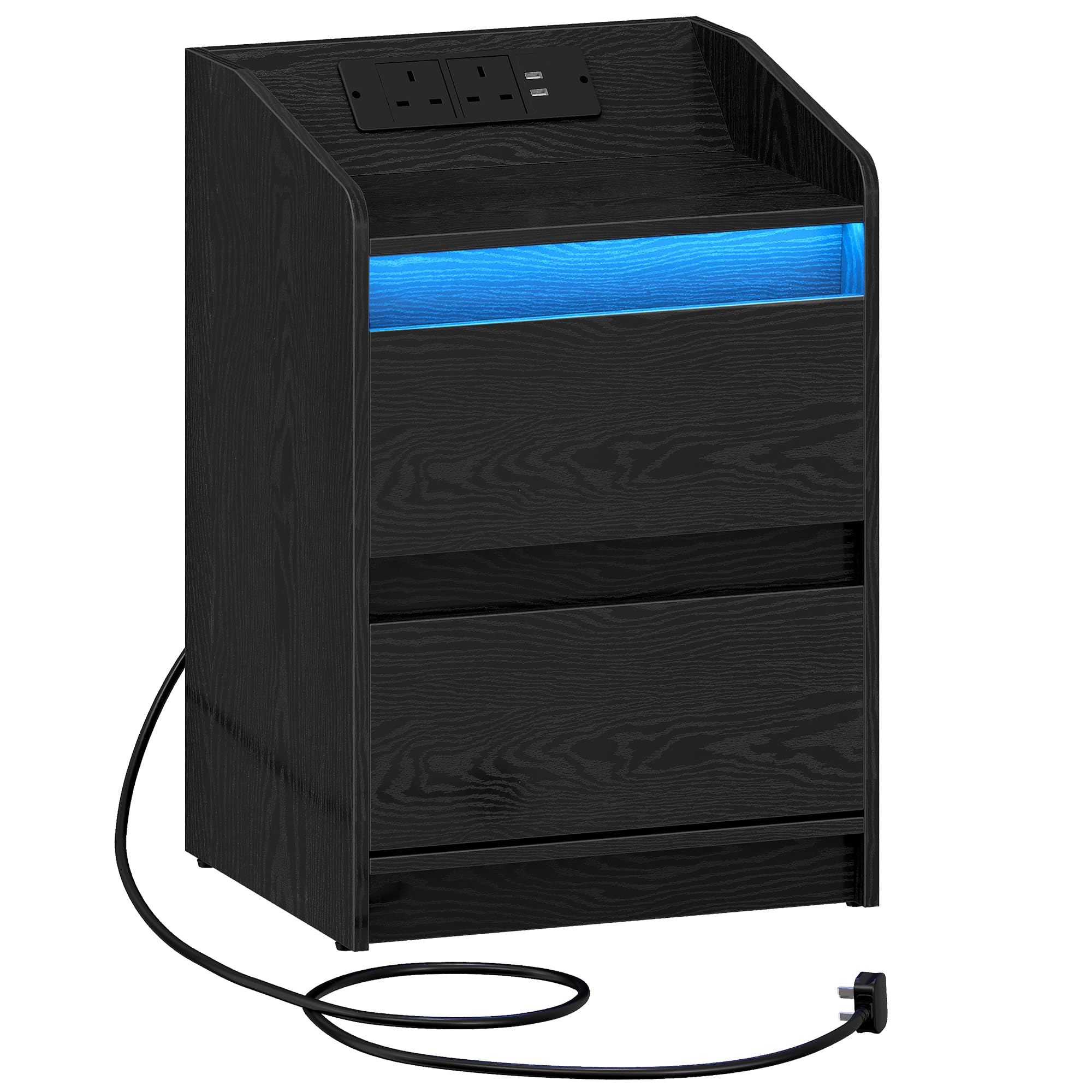 Hzuaneri Bedside Table with LED Lights, Bedside Cabinet with Charging Station and 2 Drawers, Nightstand with USB Ports & Power Outlet, Nightstand for Living Room and Bedroom, Black NS30004XUK