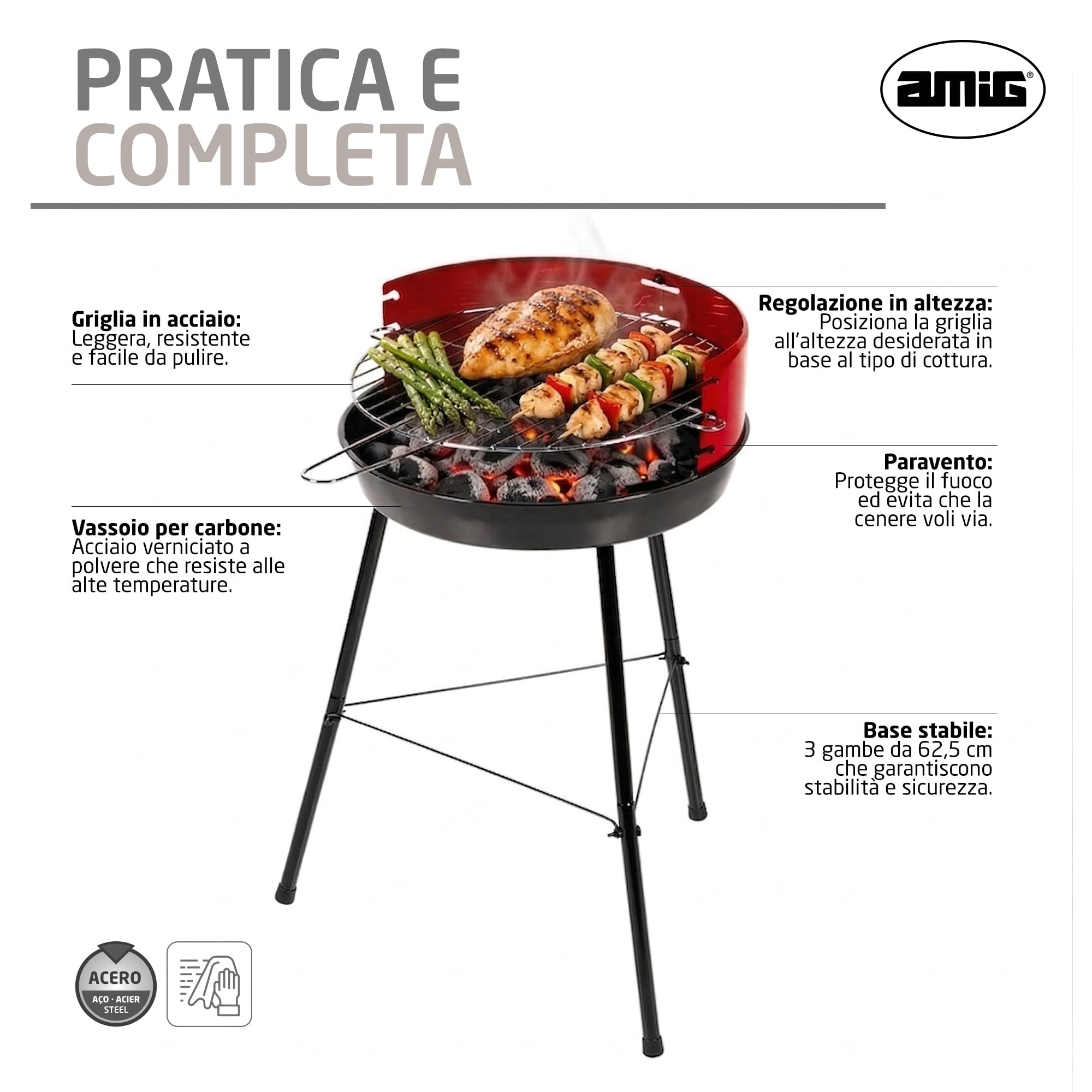 Amig - Barbecue a carbone - 57 x 54 x 84 cm - Nero - Realizzata in Acciaio - Giardino e patio - per terrazza e balcone con dimensioni adatte a spazi ridotti, uso pratico. Mod. FENIX