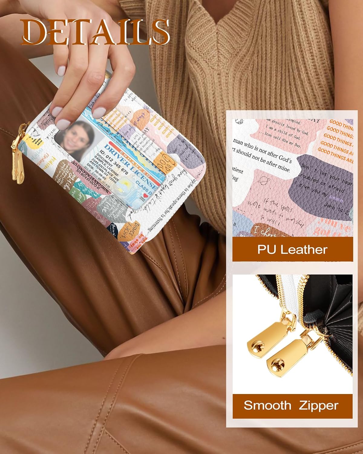 Miss Adola Credit Card Holder for Women - RFID Women Wallet Leather Card Wallet for Ladies Girls Female Aesthetic Cute Wallet with Card Slots Coin Cash Zipper Purse & ID Window, Collage Text