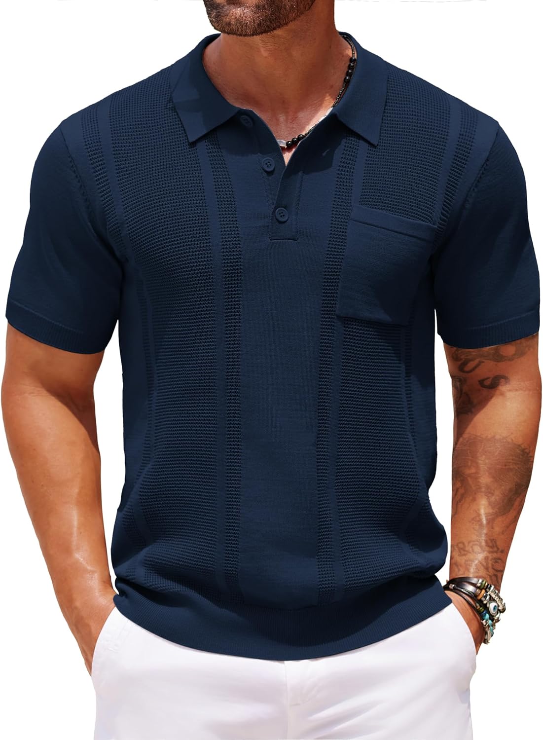 COOFANDY Knit Polo Shirts for Men Short Sleeve Textured Polo Shirt Slim Fit Summer Collared T Shirt with Pocket