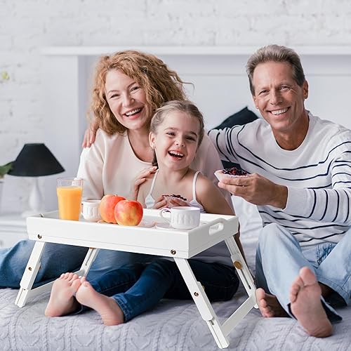 Miniatura 4 de Greenual Paquete de 2 bandejas de cama con asas y patas plegables, bandeja de bambú para desayuno con ranura para medios, uso como plato, escritorio