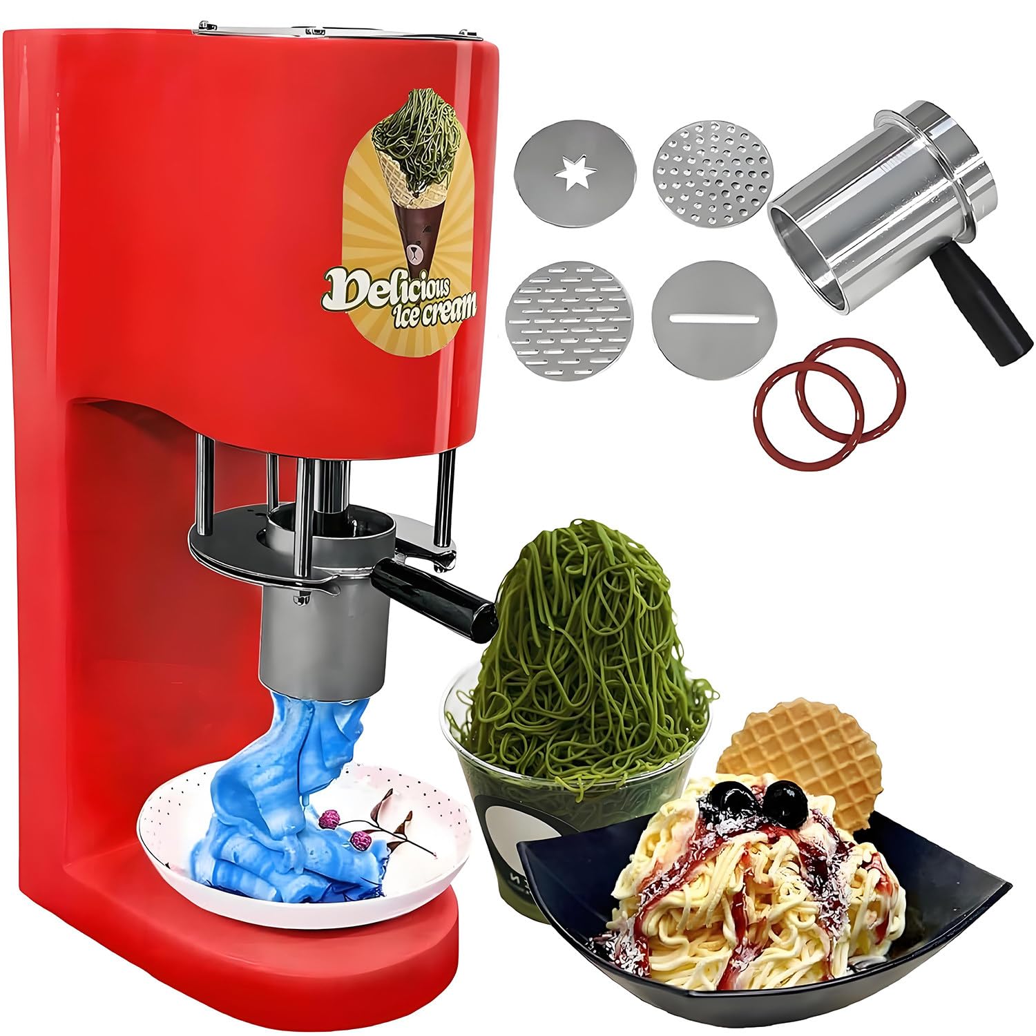 Macchina per Gelato Multiforme con 4 stampi intercambiabili, tramoggia da 420 ml/Acciaio Inossidabile/Avvio con 1 Pulsante, gelatiera Commerciale da 80 W per gelaterie e Negozi di Gelati Red