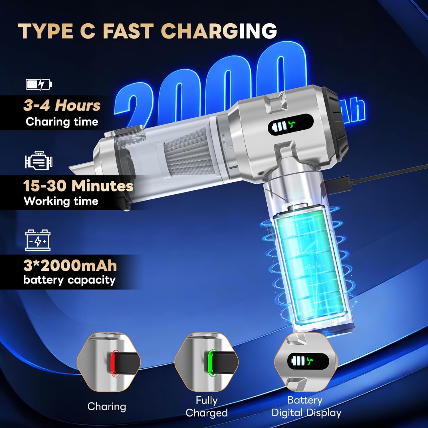 【Upgraded Version】Sycoodeal Car Vacuum Cleaner,Mini Portable Vacuum Cordless,25000PA Powerful Strong Cyclonic Suction USB Rechargeable Foldable Handheld Vacuum with One-touch Dust Removal for Car,Home