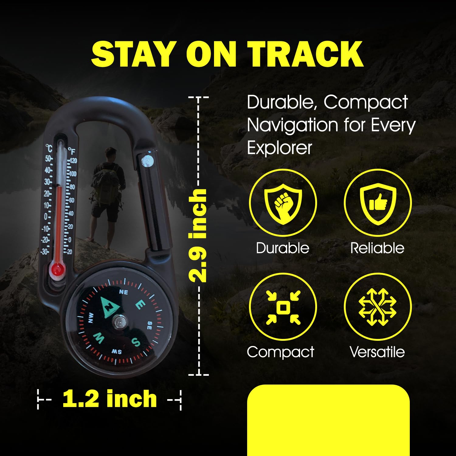 SnowlyPEAK Mini Compass Thermometer Keychain – Clip-On Carabiner for Hiking, Camping, Backpacking, Survival & Scout Gear – Lightweight Outdoor Tool for Quick Direction & Temperature Check