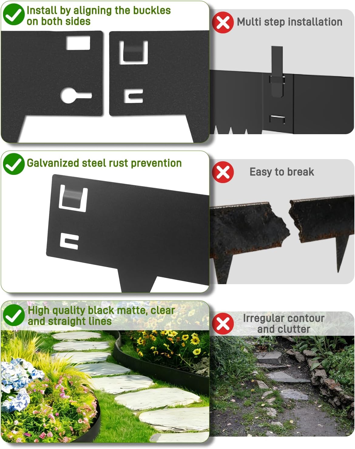 6-Pack Metal Landscape Edging 40" L x 8" H Black Galvanized Steel Landscape Edging, Bendable, Easy to Install and Durable for Garden and Yard Pathway Divider, Total Length 20 Feet