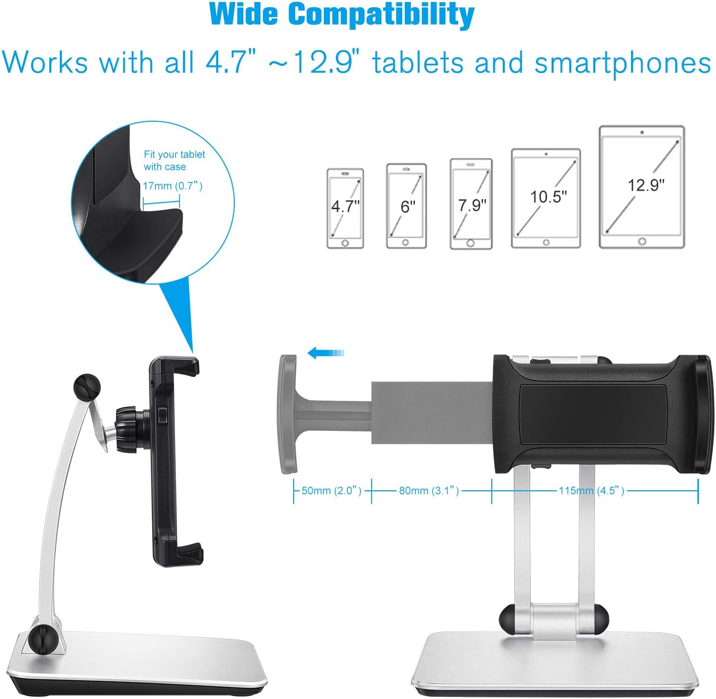 Fintie Tablet Stand Holder for Desk, Universal Adjustable Desktop Phone Dock Cradle Compatible with 4.7-12.9" iPhone/iPad Pro/iPad Air/iPad Mini, Samsung Galaxy Tab, Surface Go/Pro, Silver