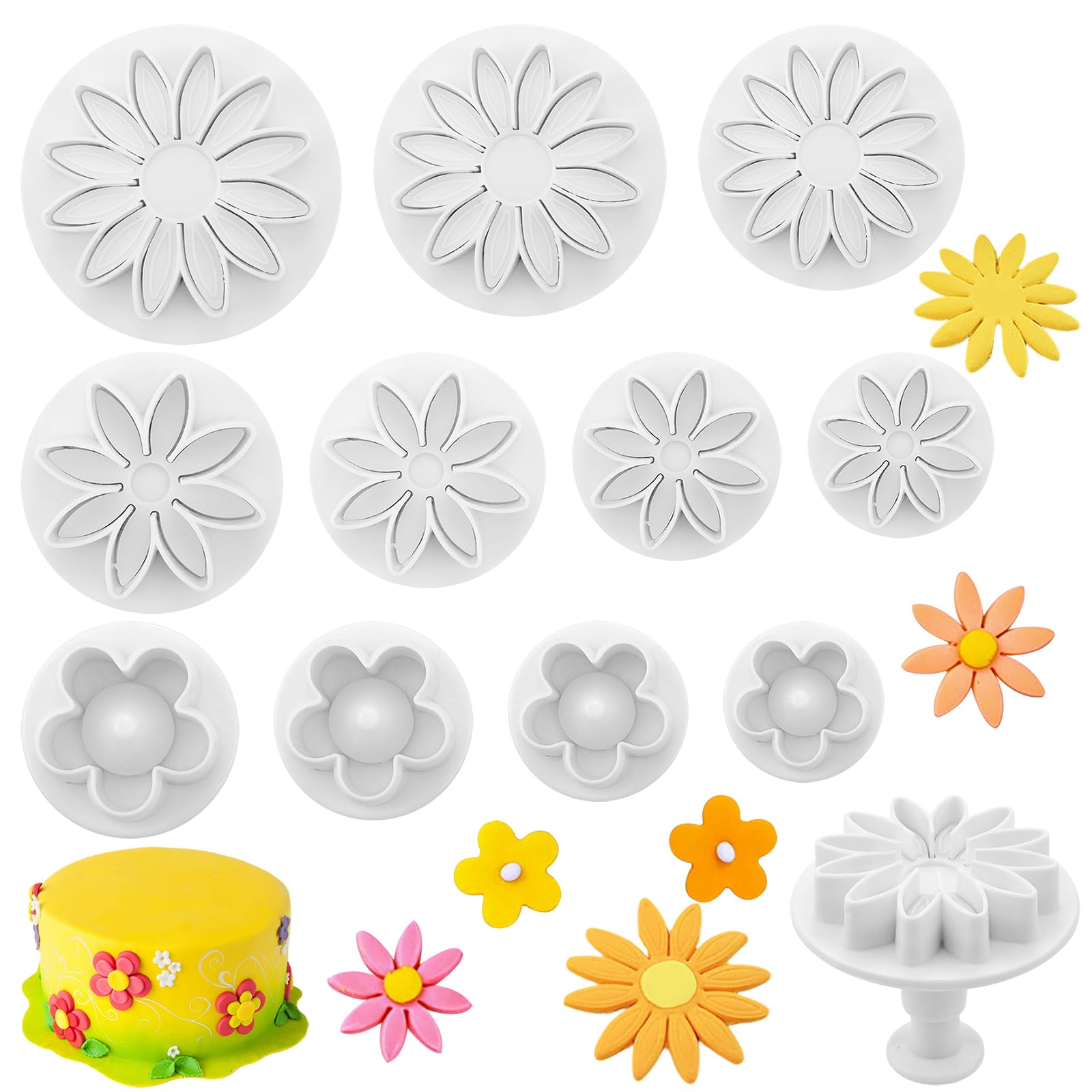 11PCS Flower Plunger Cutters,Daisy Fondant Cutter,Sunflower Cookie Cutter,Dessert Decorating Accessories Chrysanthemum Embossing Tool for DIY Biscuits, Sugar Cubes, Chocolate Cake