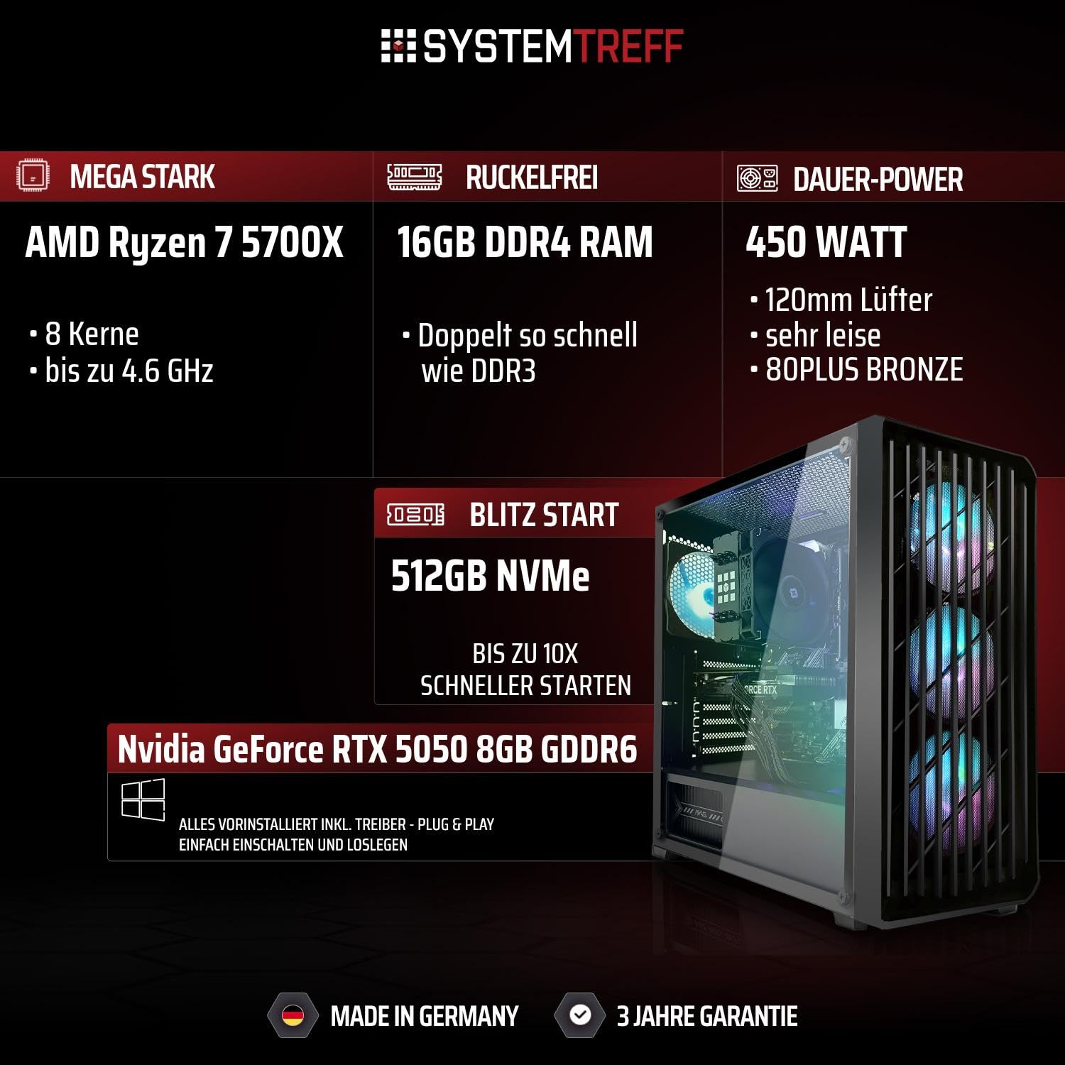 SYSTEMTREFF Gaming PC AMD Ryzen 7 5700X 8x4.6GHz | Nvidia RTX 5050 8GB DX12 | 512GB M.2 NVMe | 16GB DDR4 RAM | WLAN Desktop Computer Rechner für Gamer, Zocker & Streamer