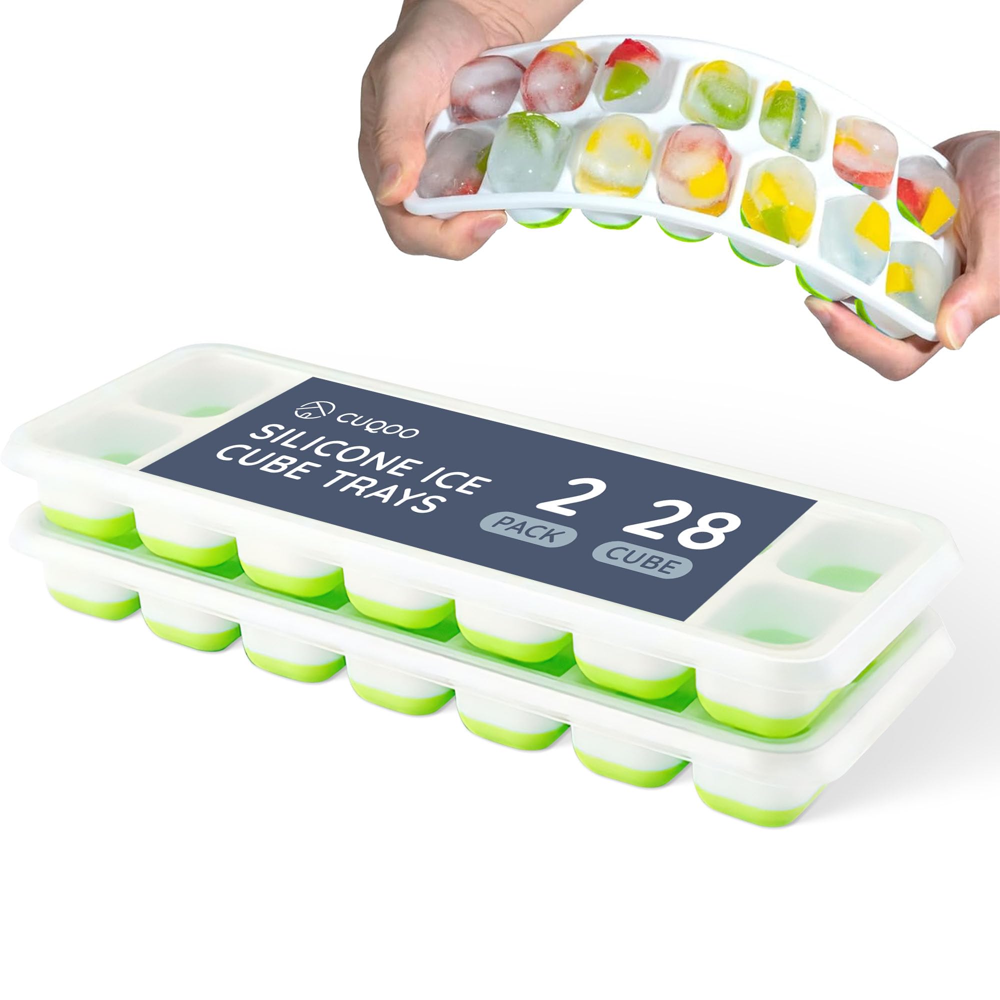 CUQOO Silicone Ice Cube Trays with Lids – 2 Pack BPA-Free Easy Release Ice Moulds, Stackable & Reusable Freezer Trays for Baby Food, Cocktails & Drinks – Dishwasher Safe