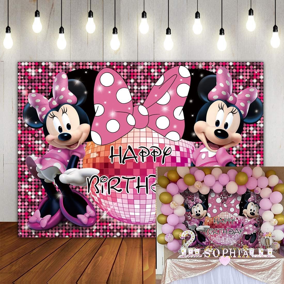 Telón de Fondo de cumpleaños de ratón de Dibujos Animados Rosa Bowknot Glitter Lentejuelas Fondo de Fotos Niños Niña Fiesta de cumpleaños Suministros de decoración