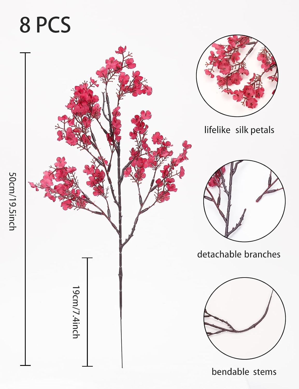 8Pcs Baby’s Breath Artificial Flowers Burgundy Real Touch Silk Babys Breath Artificial Flowers Bulks for Home Office Wedding Decor, Indoor Outdoor Decor Table Centerpiece(8Pcs, Burgundy) - Image 2