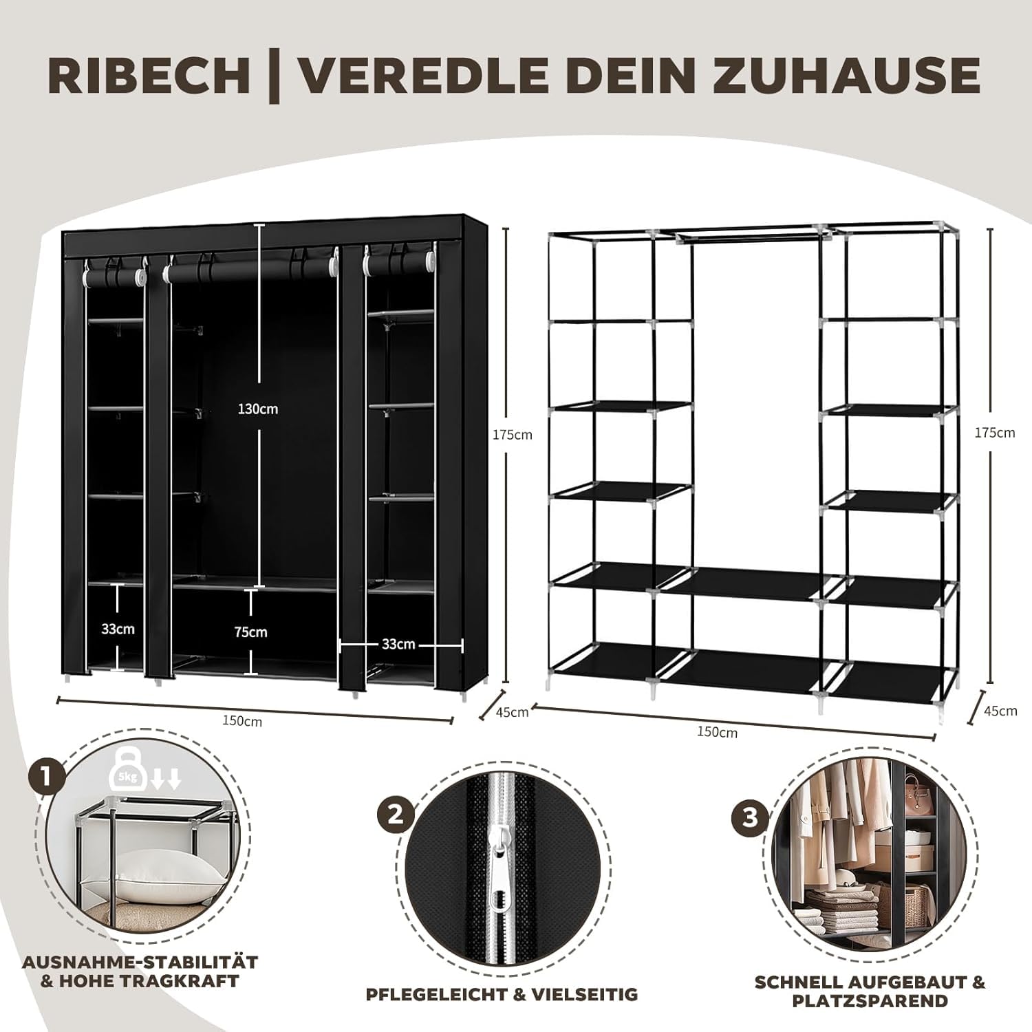 Armoire en Tissu 45 x 150 x 175 cm - Cadre en métal avec Housse Anti-poussière en Non-tissé - Tringle à vêtements - Noir - Système de Rangement pour Chambre à Coucher